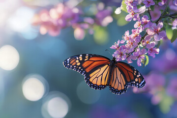 Obraz premium vibrant monarch butterfly resting on delicate pink flowers, showcasing nature beauty and tranquility