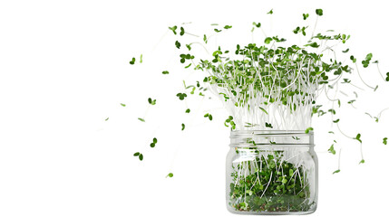 Sprouting jar with microgreens floating mid-air, pure white backdrop