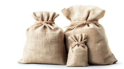 Burlap bags displaying varied sizes for storage solutions indoor setting product photography neutral background