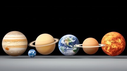A detailed 3D rende showcases the planets of our solar system aligned in a row against a stark black background displaying their relative sizes and textures.