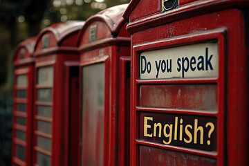 Red telephone box in English style with the inscription Do you speak English. Concept of learning English
