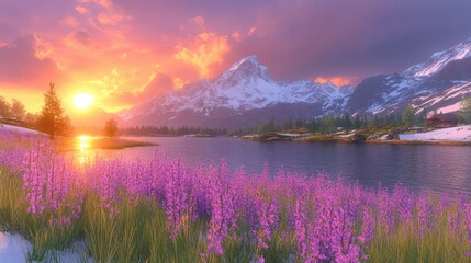 Naklejka premium Serene lake view with flowers, snowy mountains, and a bright sunset sky