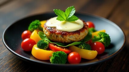 Savory Chicken Patty with Creamy Sauce Served on a Bed of Colorful Fresh Vegetables
