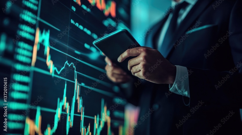 Aufkleber businessman analyzing market trends. close-up view of a professional examining data on a tablet in f
