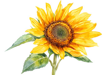 A watercolor painting of a yellow sunflower with a green stem