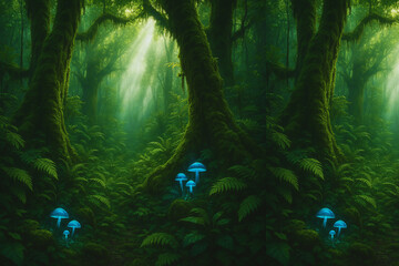 green lush rainforest with mushroom
