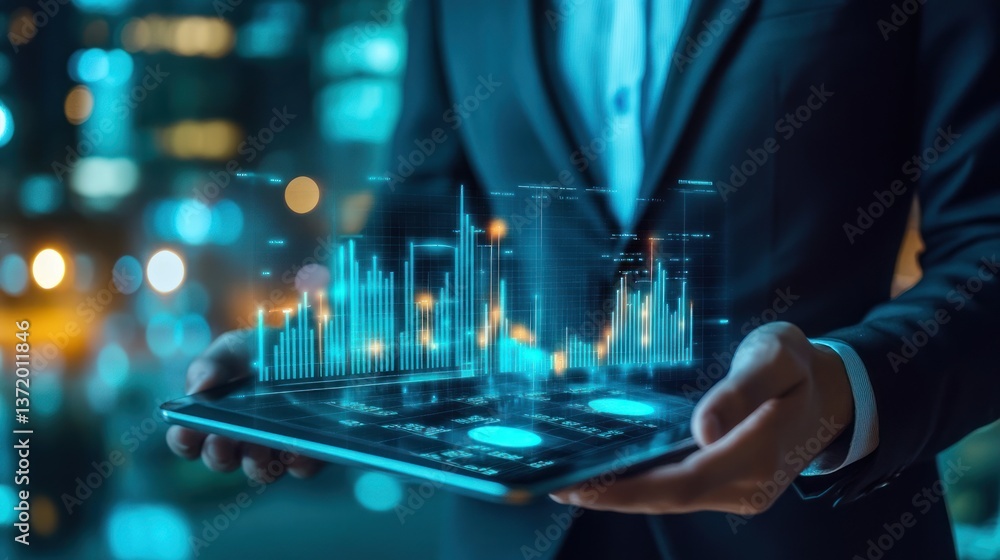 Aufkleber businessman holds tablet displaying financial data. interactive digital graphs and charts hover over