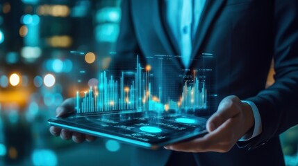 Businessman holds tablet displaying financial data.  Interactive digital graphs and charts hover over a city skyline projection on a digital tablet