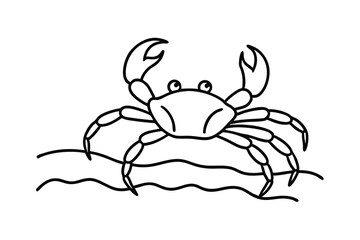 Cute Cartoon Crab Illustration, Ocean Waves, Sea Creature, Black Line Art