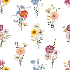 Floral seamless pattern with dried pressed flowers. Watercolor on white background