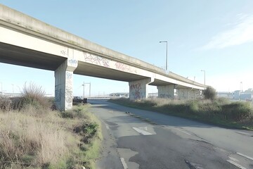Elevated concrete highway bridge with graffiti over a paved road on a sunny day