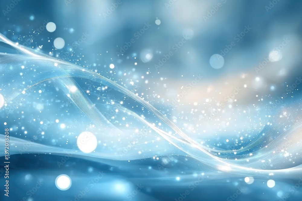 Poster soft waves of blue light with sparkling particles swirling in an abstract design