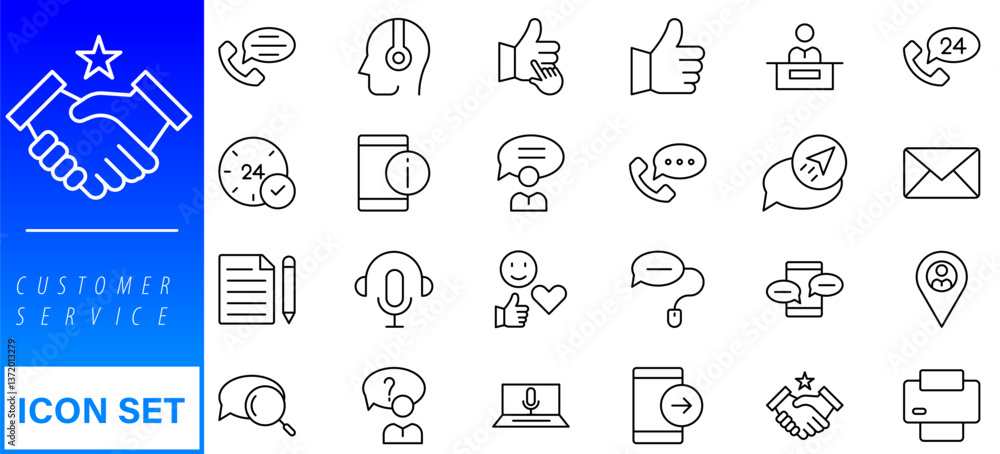 Poster customer service and support - outline icon collection. thin line set contains such icons as online 