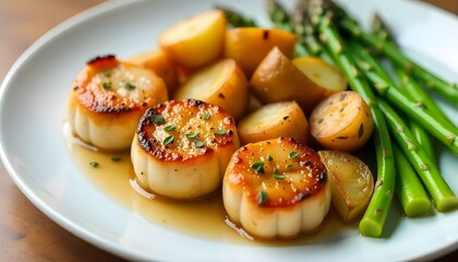 A high-angle, close-up shot captures a plate of seared scallops, roasted potatoes, and asparagus