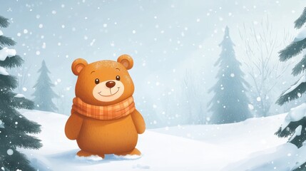 Cute Cartoon Bear in Winter Wonderland with Falling Snowflakes