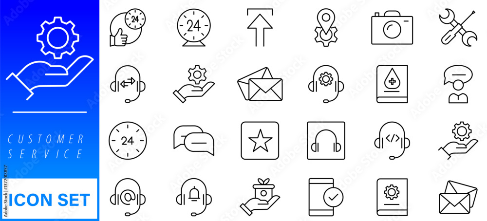 Poster customer service and support - outline icon collection. thin line set contains such icons as online 