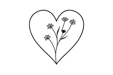HeartShaped Floral Design Simple Line Art, Black Outline, Minimalist Flowers