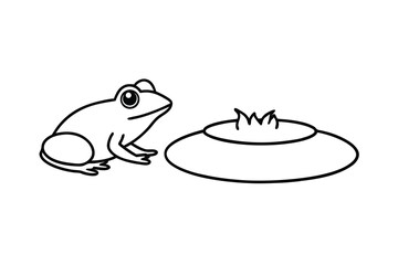 Cartoon Frog Near Small Pond, Simple Line Art Illustration