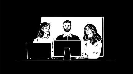 Outline of a business team in a video call remote work collaboration vector illustration.