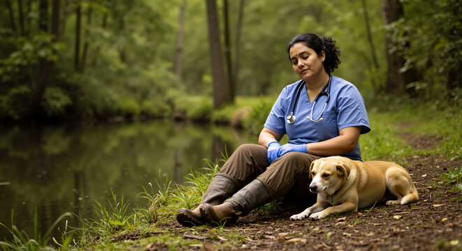 Tired female veterinarian resting by river with dog companion, finding peace, mental clarity, and emotional balance through nature and compassionate selfcare outdoors
