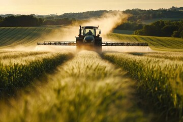 Fototapeta premium A tractor sprays crops in a golden wheat field at sunset. It shows agriculture, farming, and food production concepts.