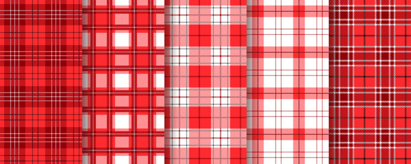 Plaid seamless pattern. Gingham red background. Checkered table cloth. Tablecloth lumberjack textures. Vintage kitchen print. Set retro tartan wallpapers. Vichy fabric textile. Vector illustration.