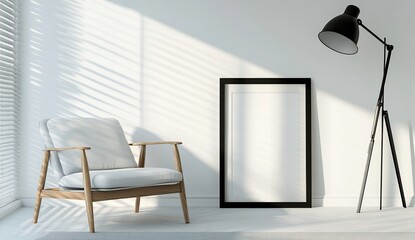 Modern Room Decor: Stylish Chair, Blank Frame, Tripod Lamp in Sunlit Space