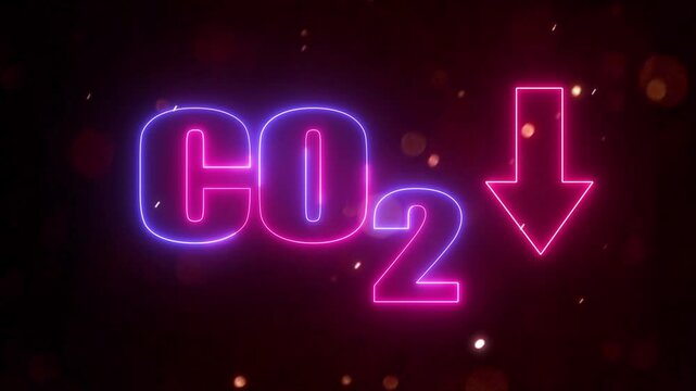 Glowing neon text carbon dioxide with decrease arrow icon animation. Concept ecology video.