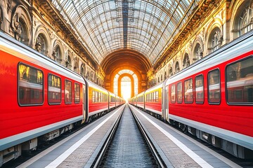 Obraz premium Red trains in a railway station with sunlight. Transportation, traveling. Station interior