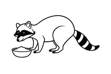 Adorable Raccoon Eating Food from Bowl, Black and White Cartoon