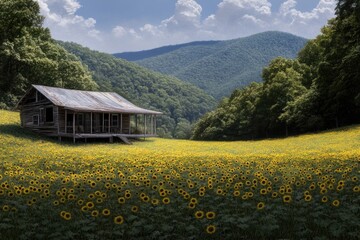 Fototapeta premium Cabin nestled in a sunflower field, mountains in the background