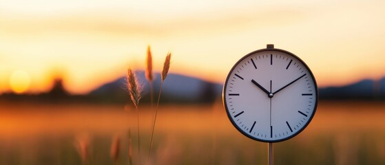Clock in field during sunset