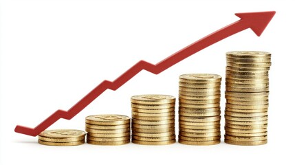 Stacks of Coins Rising with Red Arrow Showing Financial Growth Concept