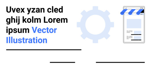 Blue gear, text, and online store interface with awning convey technology, e-commerce, and teamwork ideas. Ideal for process visualization, innovation, education, workflow retail marketing simple