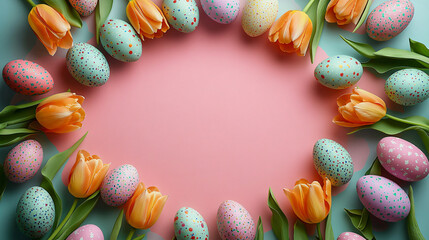 Top view of Easter eggs and flowers frame 