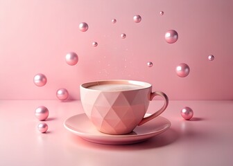 Fototapeta premium Minimalist pink coffee cup with geometric shapes and bubbles on pastel background