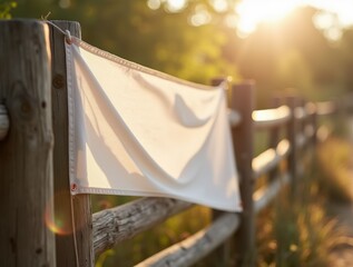White flag on wooden fence in soft sunlight, rustic neutral tones evoking peace and calm.