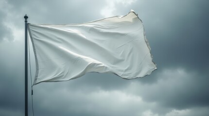 White flag fluttering in stormy gray sky, dramatic motion symbolizing surrender and peace.