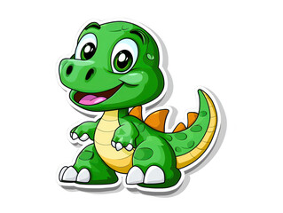 Fototapeta premium A Cute cartoon dinosaur character with bright green body, large expressive eyes, and friendly smile. This playful creature features yellow belly and orange spikes along its back, perfect