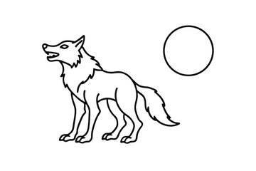 Howling Wolf Silhouette Under Night Moon, Line Art Drawing