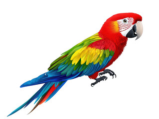 A vibrant and colorful parrot with striking red, green, yellow, and blue feathers, perched gracefully. Its expressive eyes and detailed plumage showcase beauty of tropical birds, evoking sense