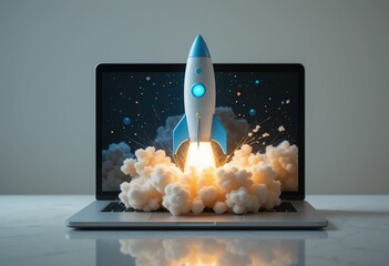 Symbolic launch of startup, innovation, and fast growth displayed on laptop screen