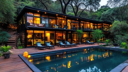 Obraz premium Modern architecture, glass house near the pool in the forest with many chairs and trees around