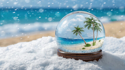 snow globe captures serene beach scene with palm trees surrounded by snow, creating unique contrast of summer and winter