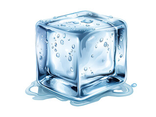 A clear ice cube with water droplets sits on surface, reflecting light beautifully. cube appears fresh and cool, evoking sense of refreshment and chill
