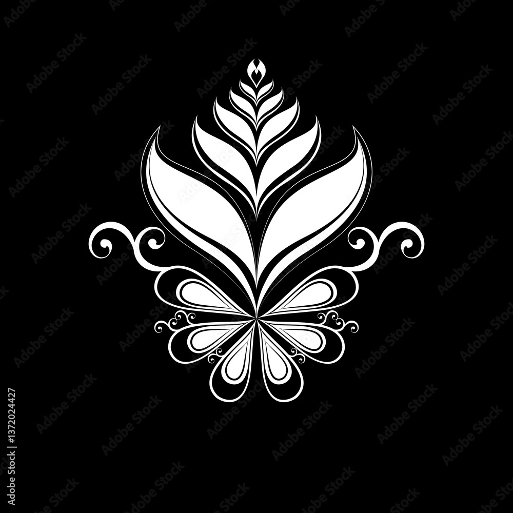 Fototapete abstract black and white floral composition with intricate symmetrical patterns and unique botanical
