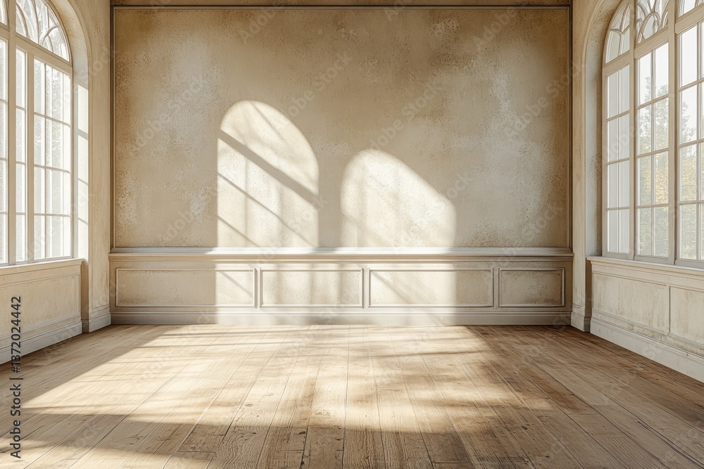 Poster sunlight streams through arched windows illuminating a spacious empty room