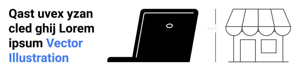 Laptop alongside a storefront icon representing digital business, e-commerce, online shopping, digital marketing, entrepreneurship, branding, consulting. Ideal for a sleek, simple landing page