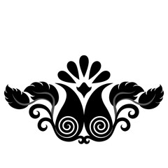 A classic black and white ornamental floral design featuring vintage symmetry, swirling patterns, and stylized botanical line art in vector form.