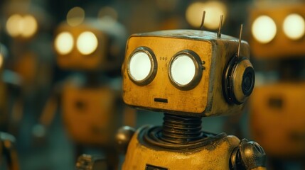 Fototapeta premium Close-up of a vintage, yellow robot, with glowing eyes, among a group of similar robots, in a dark setting.